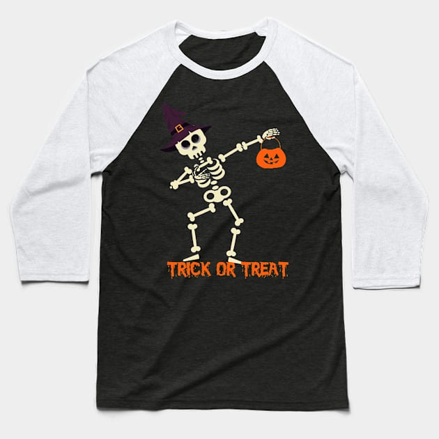 Kids Cute Boys Halloween Dabbing Skeleton Baseball T-Shirt by foxmqpo